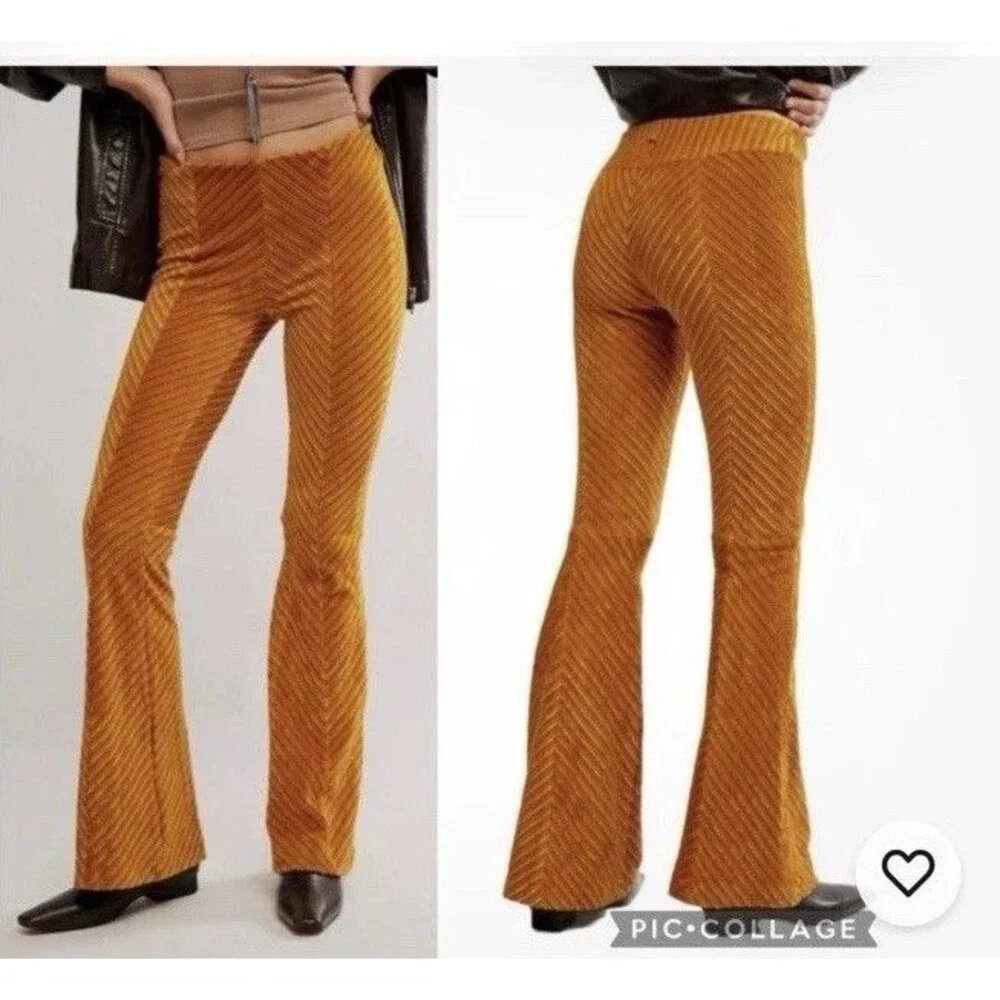 Free People Flared Pull On XS Ribbed Velvet Bell Bottom bronze Orange Bonus Top